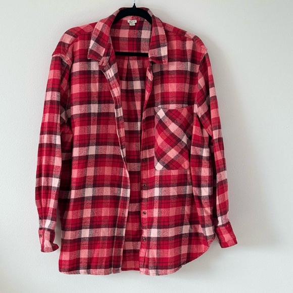 Aerie Oversized Flannel Button Down Shirt Red Plaid Women’s Large - Picture 2 of 6